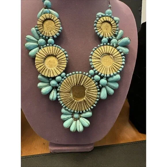 Southwestern Bold Statement Chunky Artisan Wired Faux Turquoise Necklace - Picture 3 of 4